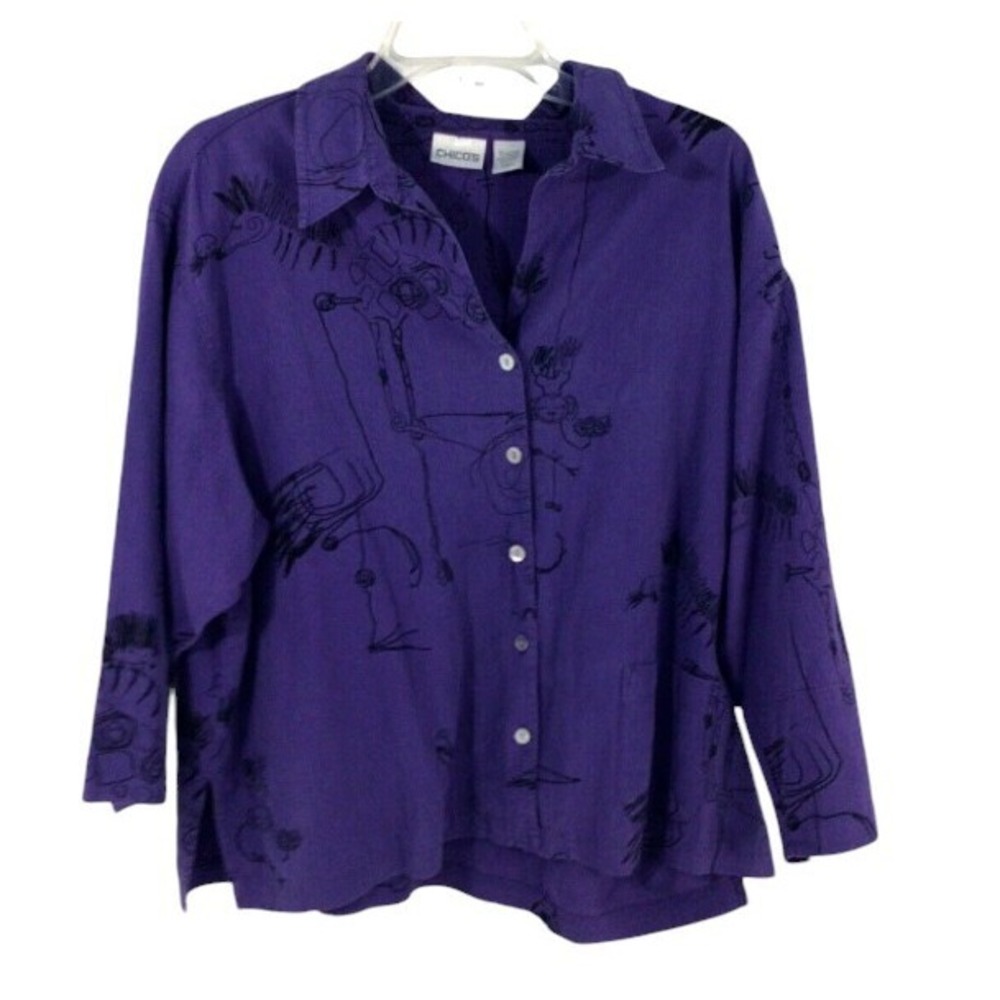 Chico's Womens Top Sz 3 Animal Sketch Artcore Purple Artsy Art to Wear‎ Festival